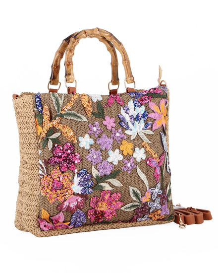 Immagine di BORSA PAGLIA RICAMI FLOREALI MAN.BAMBOO