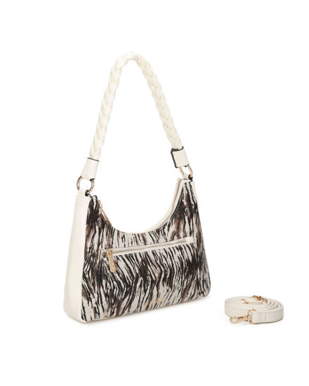 Immagine di RIFLE - Borsa a spalla animalier beige con manico intrecciato, tracolla removibile
