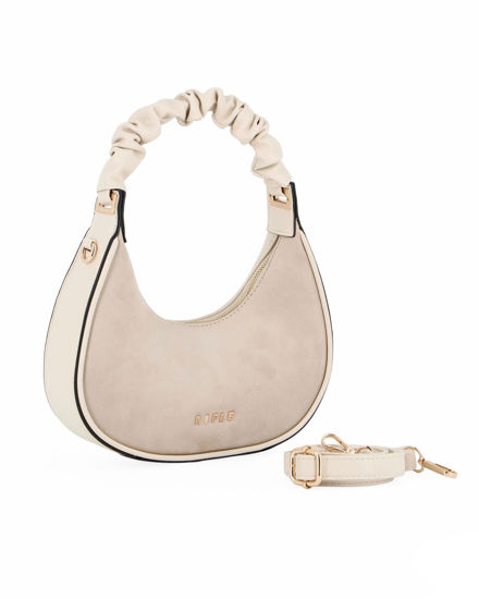 Immagine di RIFLE - Borsa a spalla beige con manico arricciato e parte frontale scamosciata, tracolla removibile