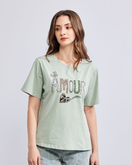 Immagine di BACHATA - Tshirt manica corta verde salvia con scritta e strass