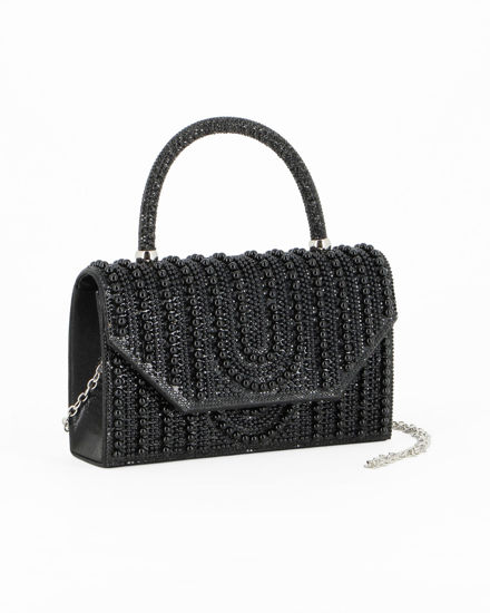 Immagine di MISS GLOBO - Borsa pochette nera rivestita di perle e manico di strass per cerimonie