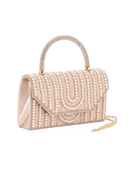 Immagine di MISS GLOBO - Borsa pochette oro rosa rivestita di perle e manico di strass per cerimonie