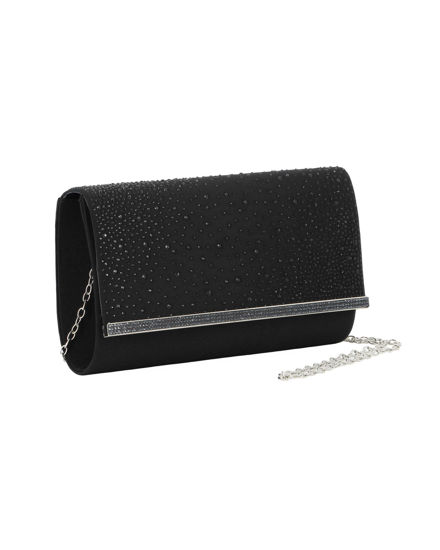 Immagine di MISS GLOBO - Borsa pochette nera in raso con strass sulla patta e stecca in metallo di strass