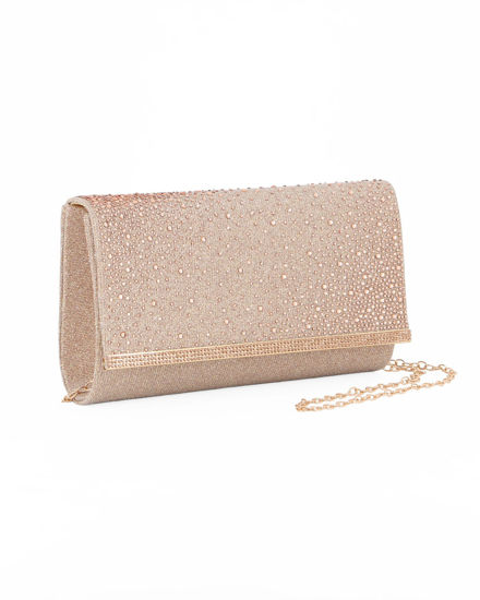 Immagine di MISS GLOBO - Borsa pochette rose gold in lurex con strass sulla patta e stecca in metallo di strass