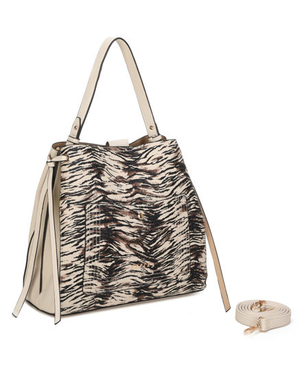 Immagine di RIFLE - Borsa un manico animalier beige scamosciata con due scomparti principali e tasca frontale, tracolla removibile