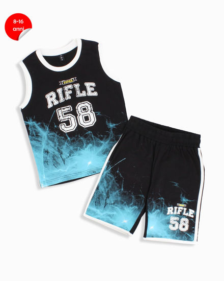 Immagine di RIFLE - Completo smanicato basket nero ragazzo 8-16 anni in cotone