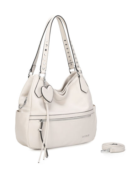 Immagine di RIFLE - Borsa due manici beige con dettaglio cuore pendente, tracolla removibile