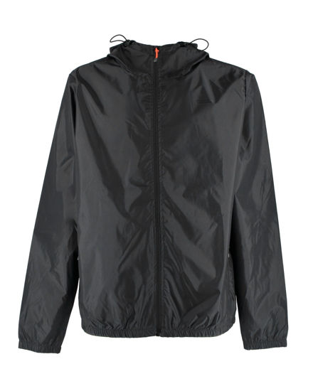 Immagine di WAIKIKI RUN- K-WAY CON CAPPUCCIO FULL ZIP UOMO NERO CON DETTAGLI ARANCIONI FLUO - VERANO