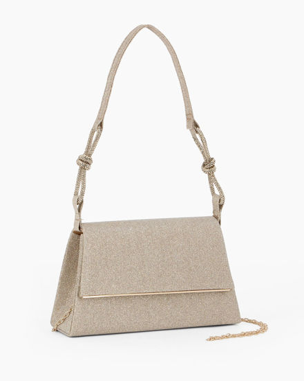 Immagine di MISS GLOBO - Pochette oro in lurex  con patta e manico annoddato con strass, tracollina removibile