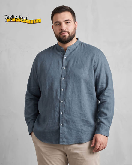 Immagine di BLUE LEMON - OVER CAMICIA MANICA LUNGA LINO BLU AVIO COLLO COREANO