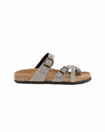 Immagine di BACHATA - Ciabatta infradito taupe glitterata con doppia fibbia e sottopiede in VERA PELLE, zeppa 5CM