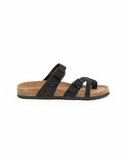 Immagine di BACHATA - Ciabatta infradito nera glitterata con doppia fibbia e sottopiede in VERA PELLE, zeppa 5CM