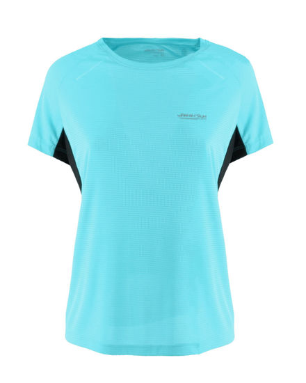 Immagine di WAIKIKI RUN - T-SHIRT SPORTIVA JAQUARD WAFFLE IN MESH TRASPIRANTE AZZURRA E NERA DA DONNA - MARCELA