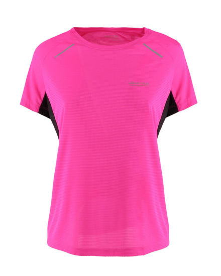 Immagine di WAIKIKI RUN - T-SHIRT SPORTIVA JAQUARD WAFFLE IN MESH TRASPIRANTE FUXIA FLUO E NERA DA DONNA - MARCELA