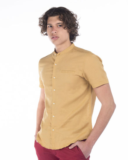 Immagine di BLUE LEMON - Camicia manica corta ocra collo coreano in lino