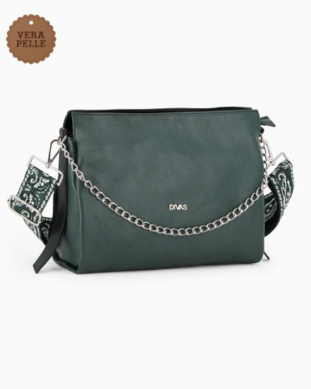 Immagine di DIVAS - Borsa sacca verde in VERA PELLE con tracolla nastro - MADE IN ITALY