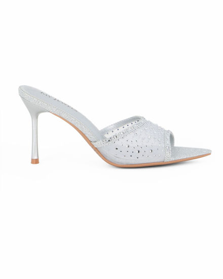 Immagine di MY JEWELS - Sabot mules argento a punta con fascia trasparente in strass, tacco 8,5CM