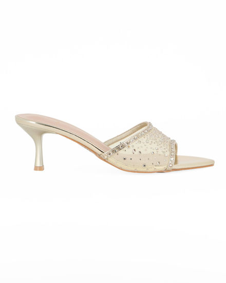 Immagine di TATOO - Sabot mules oro a punta con fascia trasparente in strass, tacco 6CM