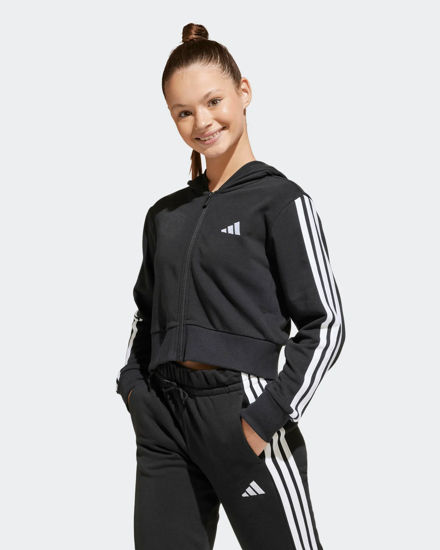 Immagine di ADIDAS - FELPA FULL ZIP CON CAPPUCCIO JUNIOR ( 7-15 ANNI)  ESSENTIALS NERA CON 3 BANDE BIANCHE , JJ0956