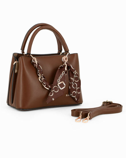 Immagine di NARDINI - Minibag marrone con tre scomparti principali e catena con foulard, tracolla removibile
