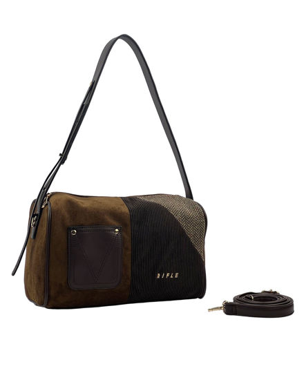 Immagine di RIFLE - Borsa a spalla marrone multimateriale, tracolla removibile