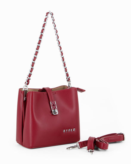 Immagine di RIFLE - Minibag rubino con tre scomparti principali e pattina con chiusura a girello, tracolla removibile