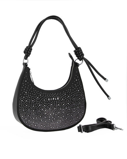 Immagine di RIFLE - Borsa a spalla nera con strass, tracolla removibile