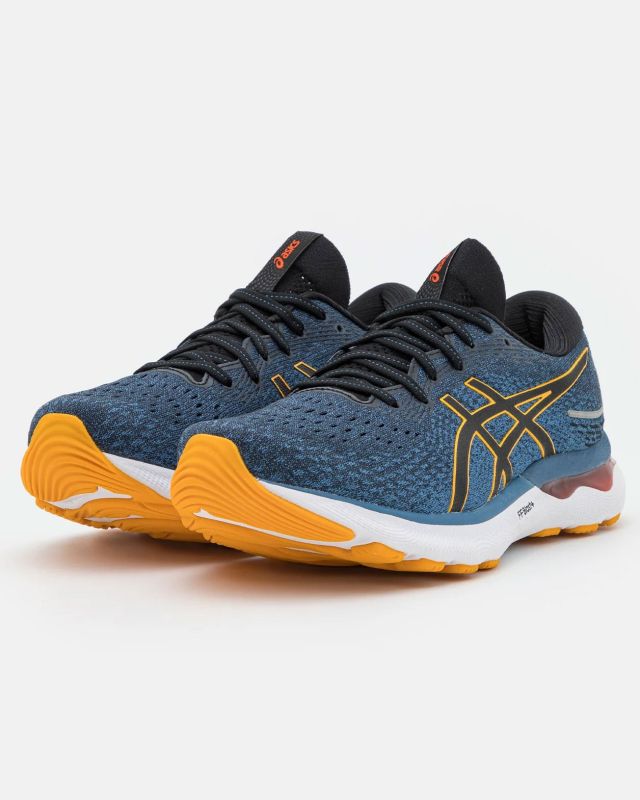 ASICS GEL NIMBUS 24 - Scarpa da running blu e gialla in maglia rinforzata con soletta in memory foam, numerata 41,5/47