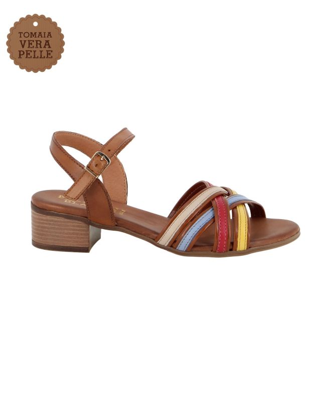 ELLEN BLAKE - Sandalo cuoio in VERA PELLE con cinturini incrociati multicolor, tacco 3,5CM