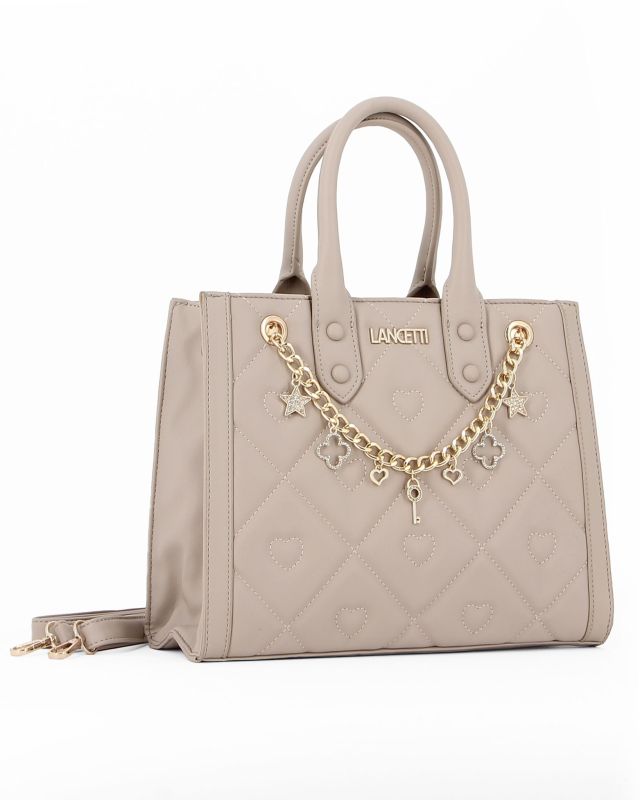 LANCETTI - Borsa due manici beige trapuntata con cuori, catenina con ciondoli e tracolla removibile