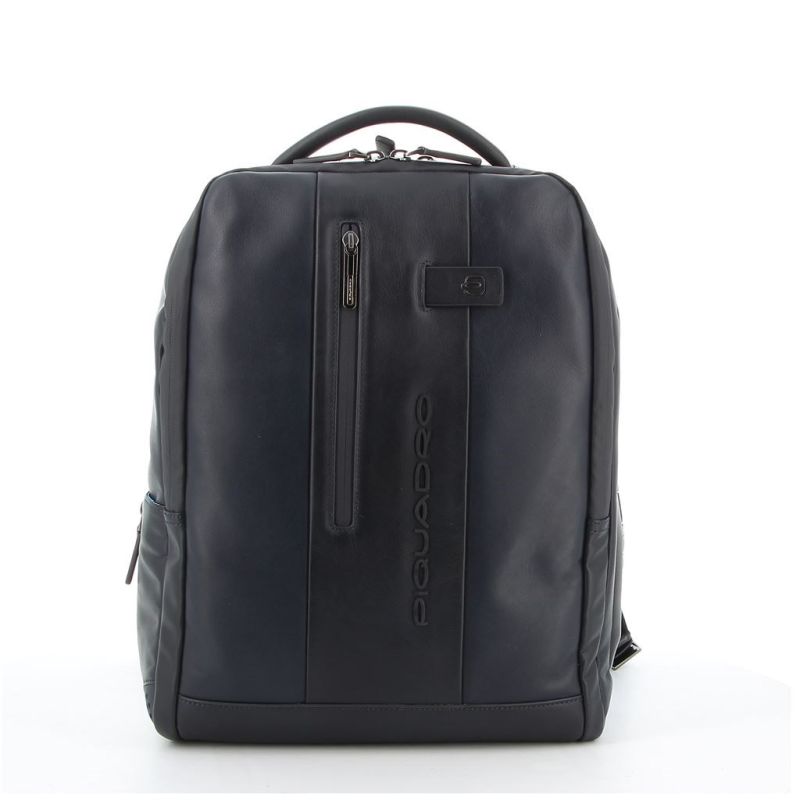 PIQUADRO - Zaino porta computer 15,6" in VERA PELLE con zip frontale verticale e tasca laterale porta ombrello/bottiglia