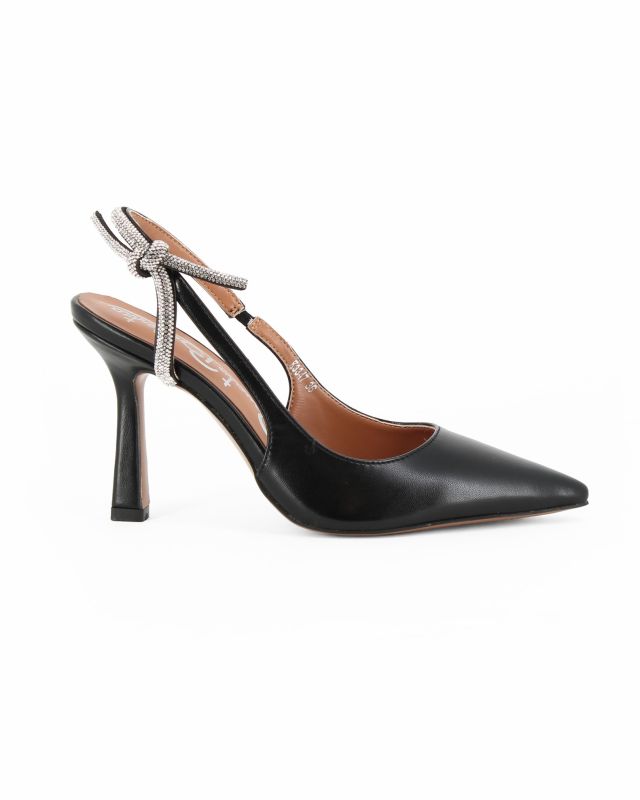 RENATO BALESTRA - Décolleté slingback nera con sottopiede in VERA PELLE e nodo in strass, tacco 9CM