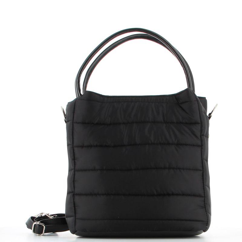 TATOO - Borsa nera due manici con fasce orizzontali imbottite e tracolla removibile, MADE IN ITALY