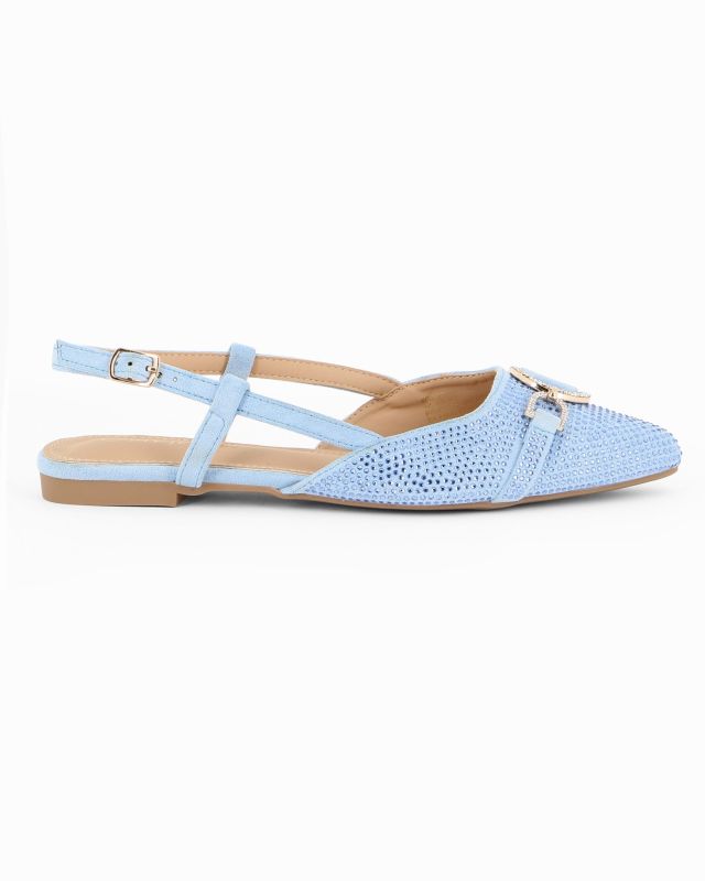 MY JEWELS - Ballerina slingback celeste scamosciata a punta con morsetto e strass