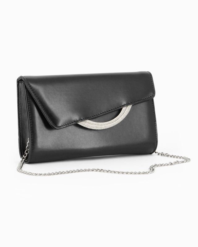 ANNES NICOLE - Pochette nera con cinturini in strass sulla patta e tracolla a catenina
