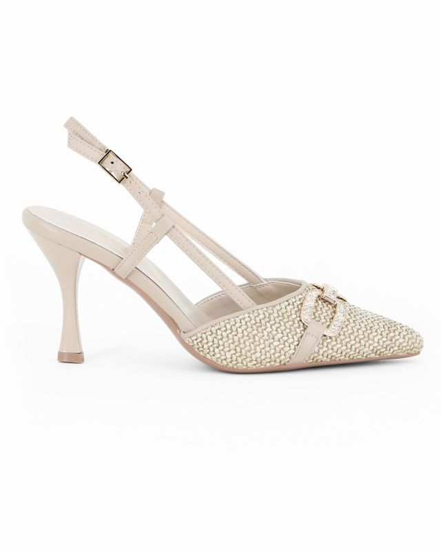 MISS GLOBO - Décolleté slingback beige intrecciata con morsetto in strass, tacco 8,5CM
