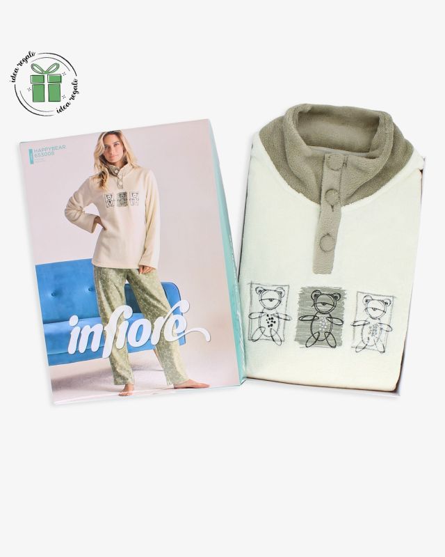 INFIORE - PIGIAMA HAPPY BEAR MANICA LUNGA BIANCO E VERDE DA DONNA