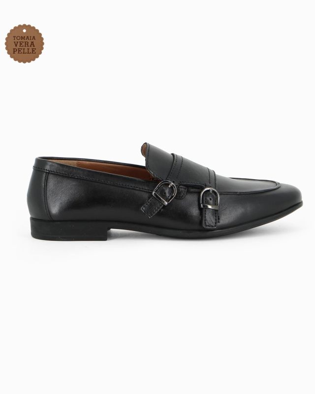 CLASS MAN - Mocassino nero in VERA PELLE con doppia fibbia