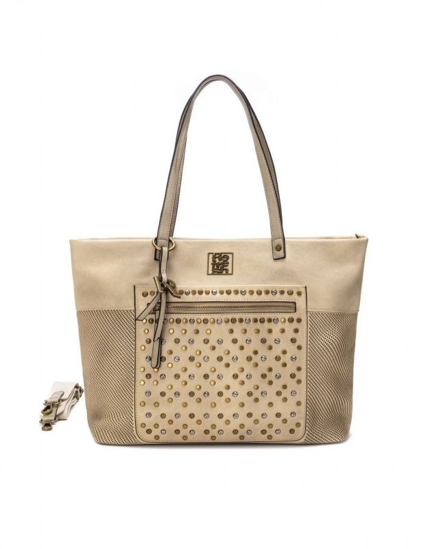 REFRESH - Borsa shopping beige con borchie, tracolla removibile