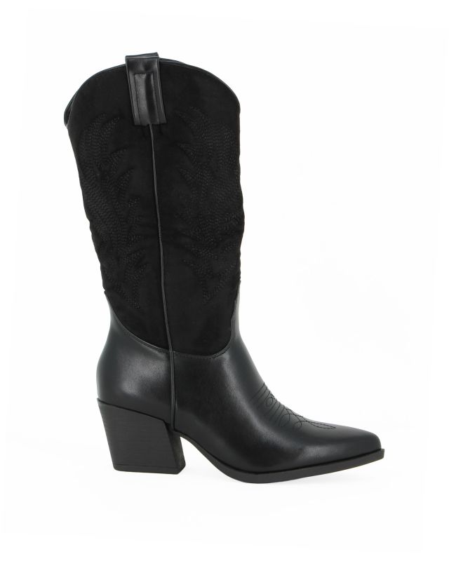 ZOE - Stivale texano nero con gambale scamosciato e zip laterale, tacco 6CM