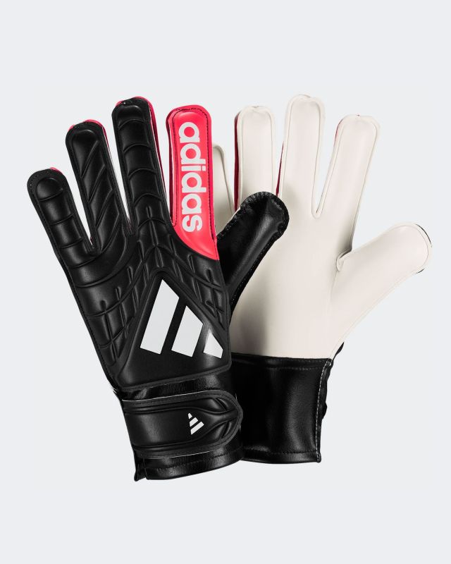 ADIDAS - GUANTI DA PORTIERE JUNIOR CON PALMO IN LATTICE "SOFT GRIP" NERI CON DETTAGLI BIANCHI E ROSSI, KA7809