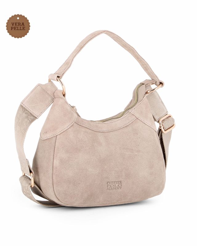 CHESTER POLO ACADEMY - Minibag beige scamosciata in VERA PELLE con tracolla nastro loggata