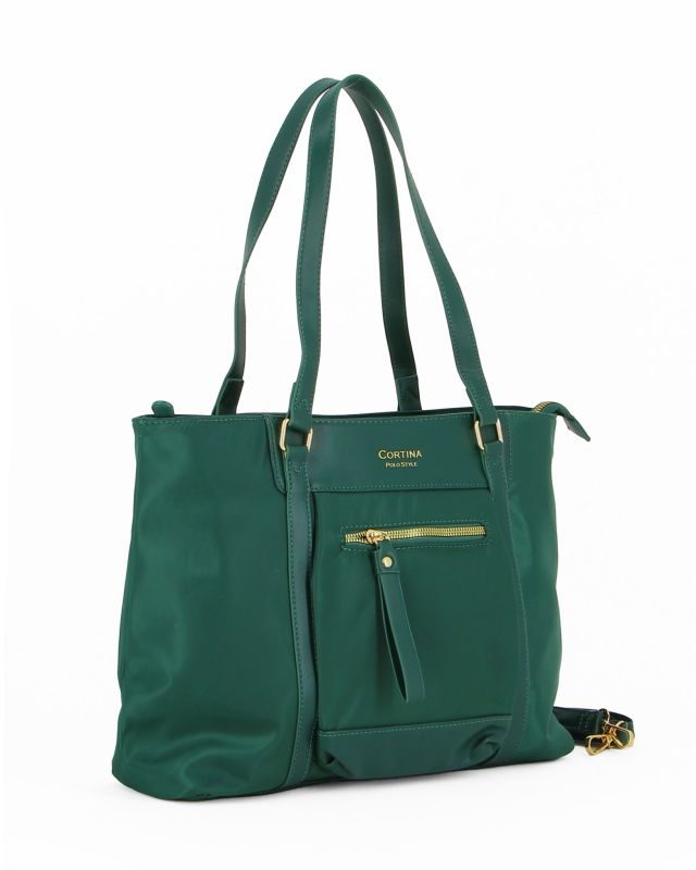 CORTINA POLO STYLE - Borsa shopping verde con tasca frontale e tracolla removibile