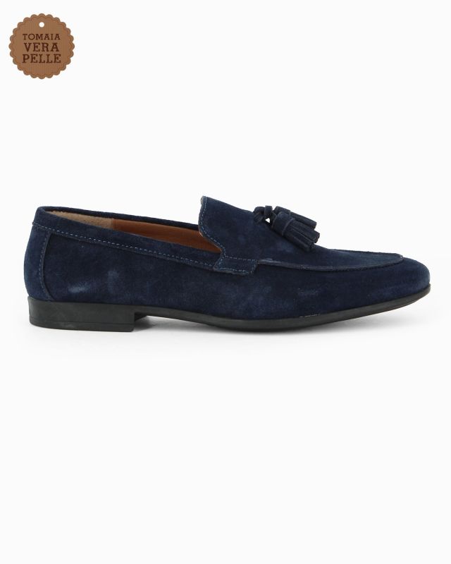 CLASS MAN - Mocassino blu scamosciato in VERA PELLE con nappe
