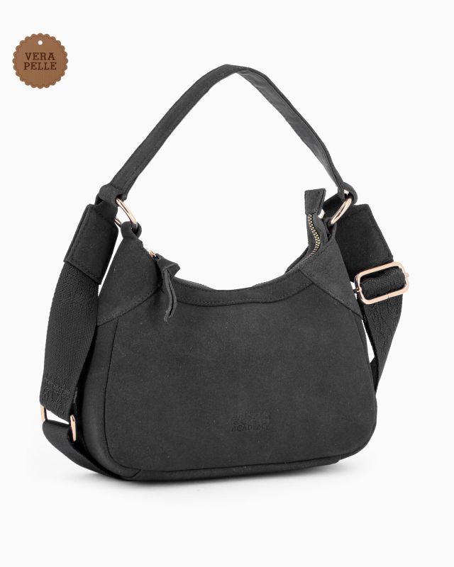 CHESTER POLO ACADEMY - Minibag nera scamosciata in VERA PELLE con tracolla nastro loggata