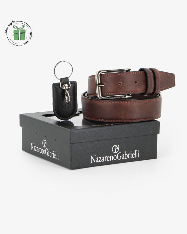 NAZARENO GABRIELLI - Set regalo composto da cintura tabacco e portachiavi nero