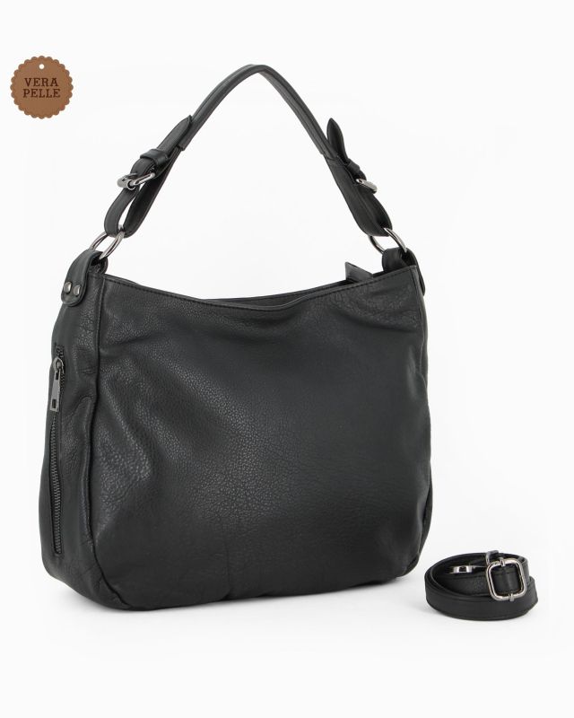 ALEX & CO - Borsa un manico nera con tasca posteriore e due tasche laterali, tracolla removibile - VERA PELLE -