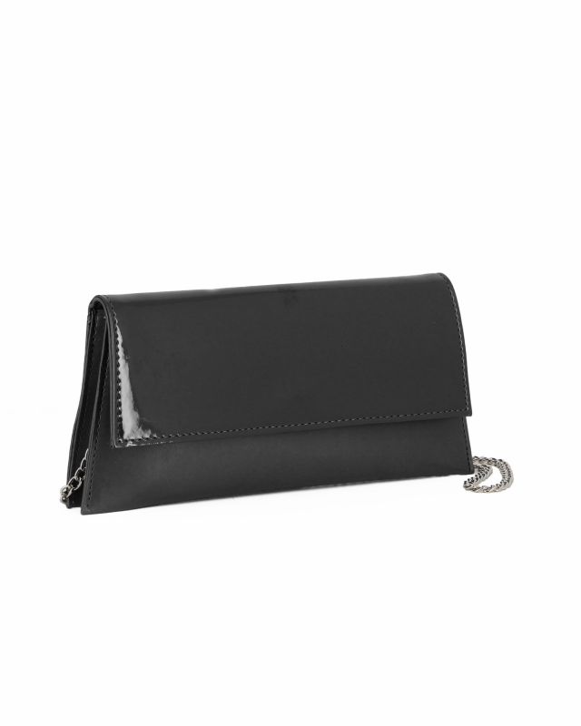 ANNES NICOLE - Pochette nera con due scomparti interni e patta in vernice, MADE IN ITALY