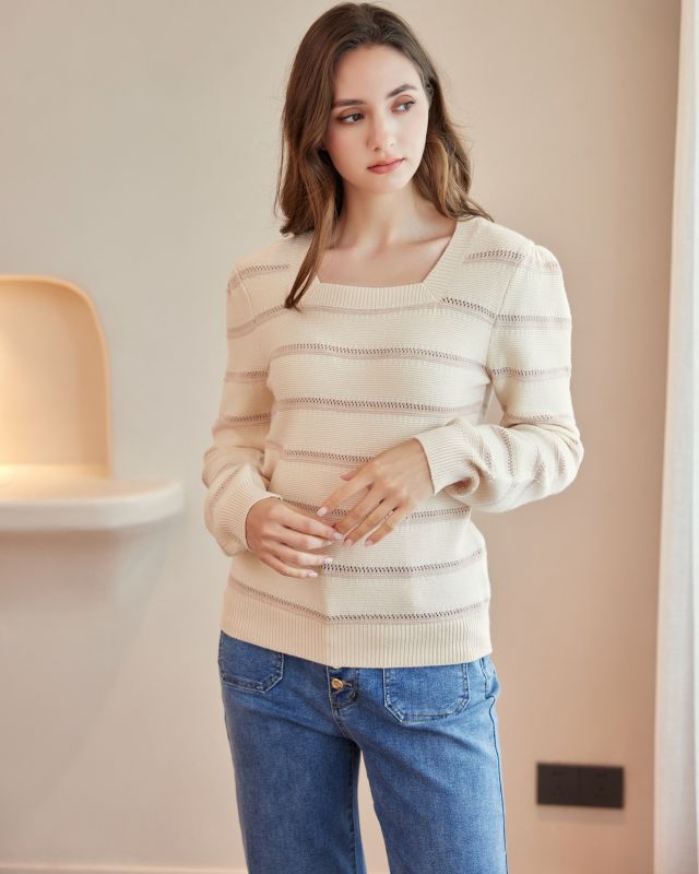 BACHATA - Maglia manica lunga avorio a righe beige con scollo quadrato