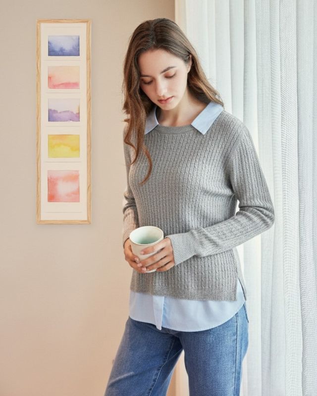 BACHATA - Maglia manica lunga grigio con finta camicia azzurra da donna